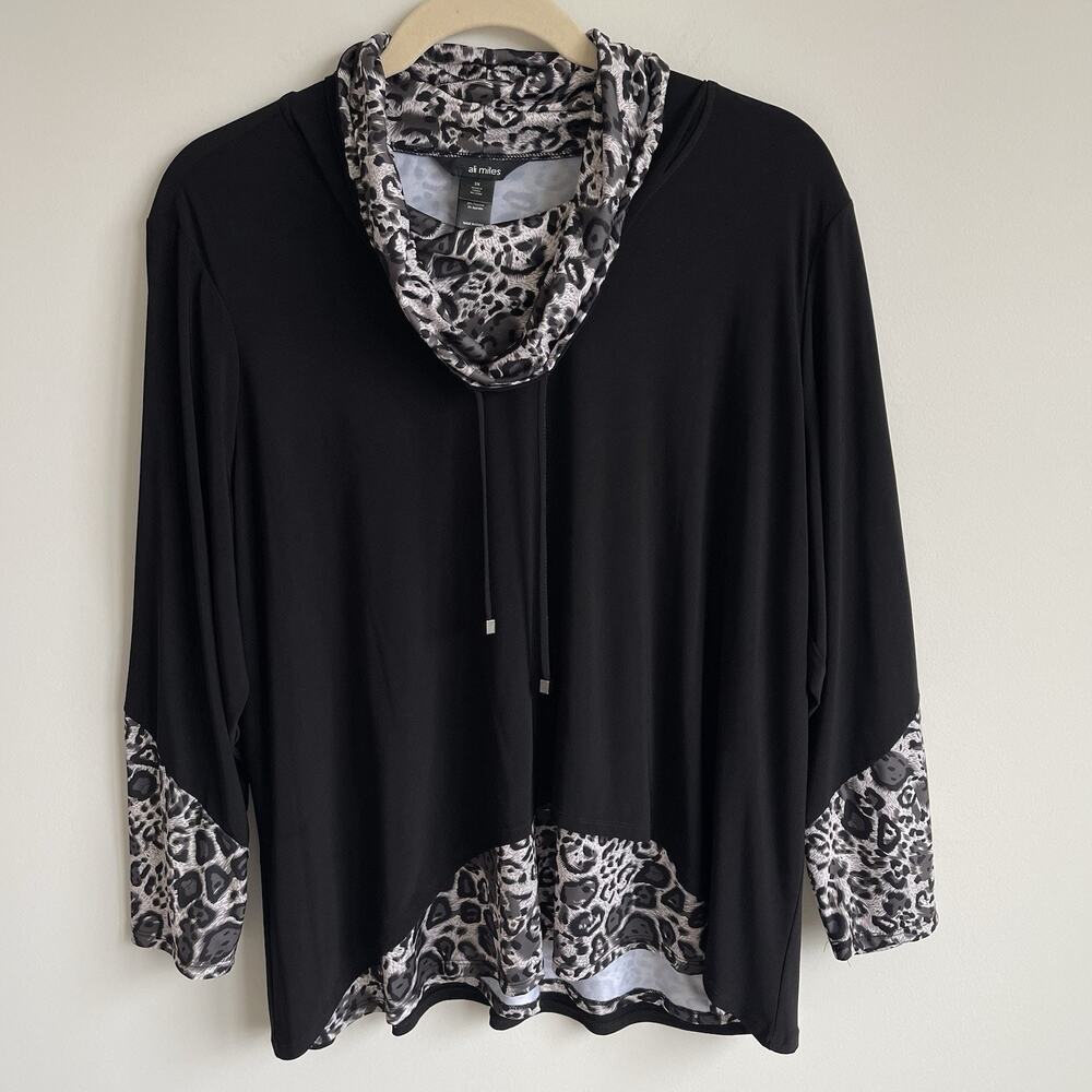 Ali Miles Plus Size 3X Long Sleeve Cowl Neck Tunic Top Black Leopard Print